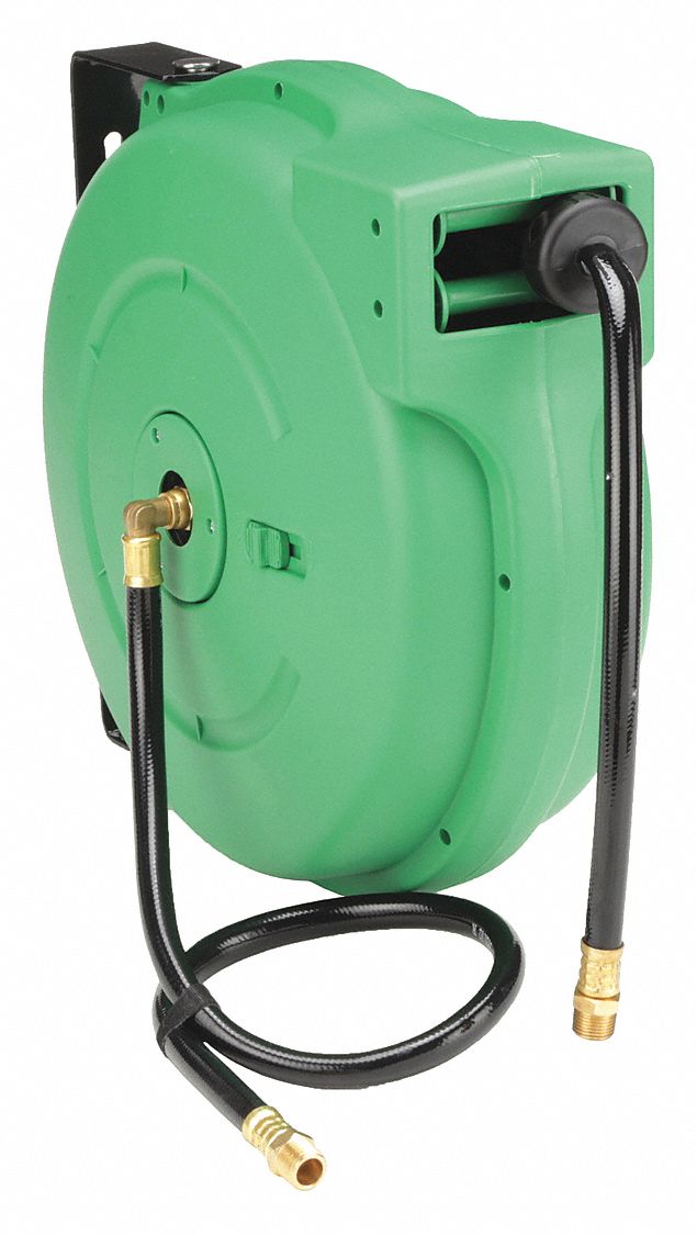 SPRING RETURN HOSE REEL: 40 FT (½ IN I.D.), ½ IN MNPT, 300 PSI MAX, ALUMINUM, GREEN