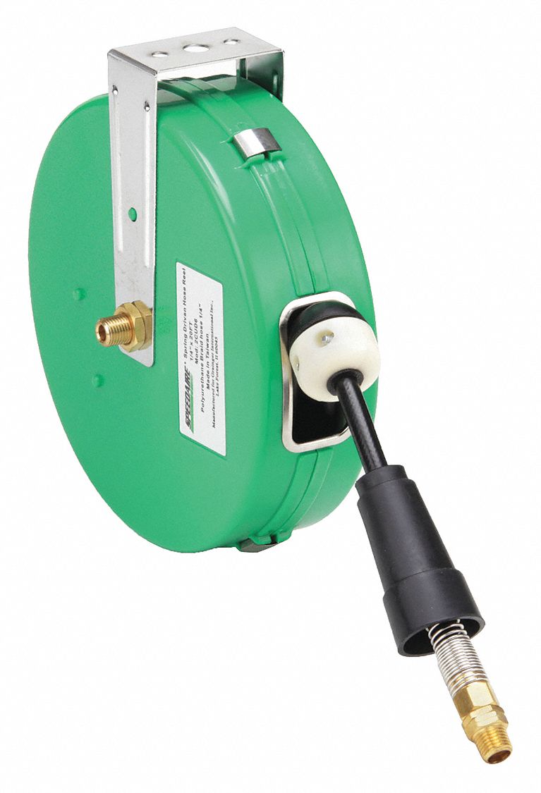 Spring Return Hose Reel: 20 ft (1/4 in I.D), 1/4 in MNPT, 200 psi Max Op  Pressure, Brass, Green