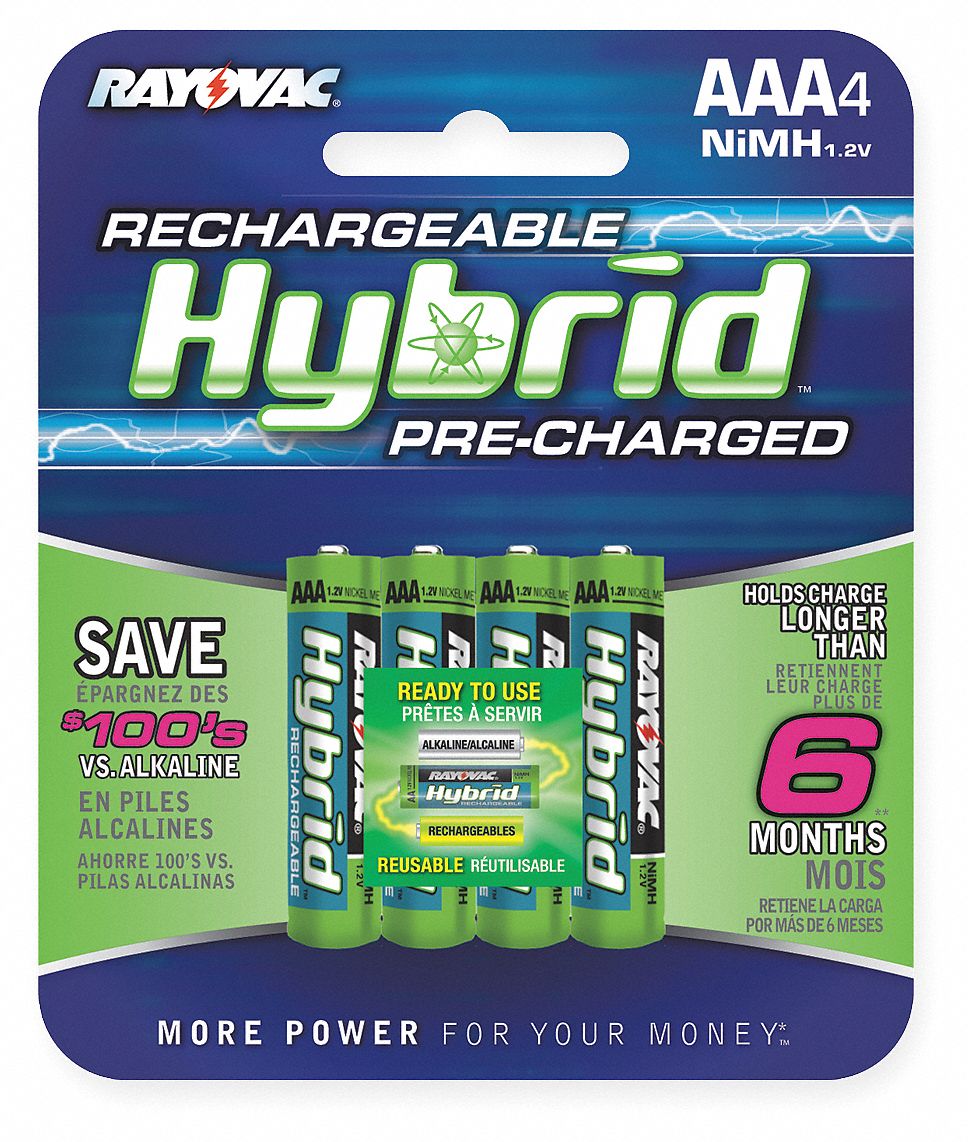 AAA Precharged Rechargeable Batteries, NickelMetal Hydride, 1.2V DC