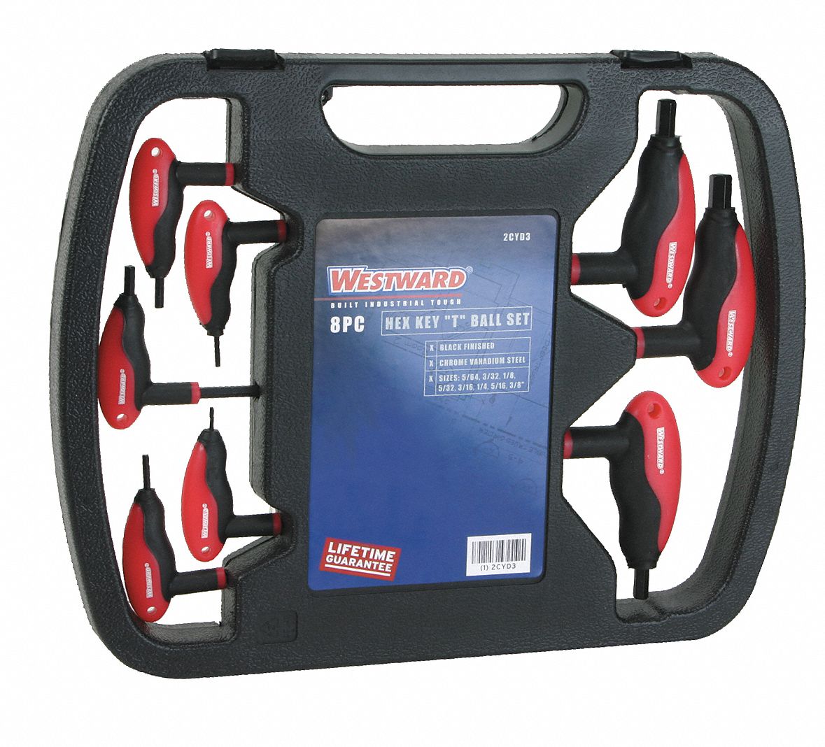 WESTWARD Hex Key Set T, SAE, Long, 8 Pieces, Plastic Holder, Steel