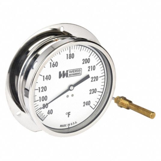 Analog Panel Mount Thermometer: 40° to 240°F, 6 in Dial Dia, 1/2 in MNPT  with 5 ft Cable