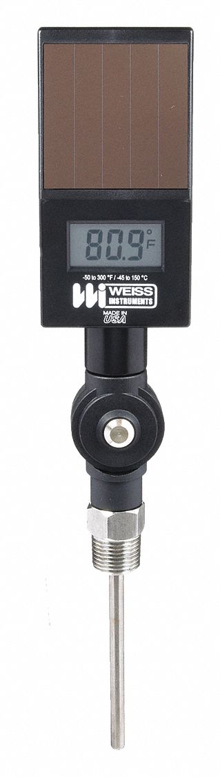 WEISS Thread-Mounted Digital Thermometer: 4 in Stem Lg, -50°F to 300°F /-45°C to 150°C, NPT (MPN DVBMT4). Key specifications — Thread Type: NPT; Brand: WEISS; Accuracy: ±1 % or ±1 °F, Whichever is Greater.