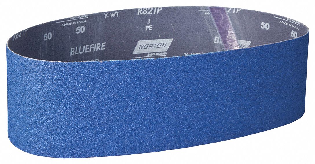 SANDING BELT, 4 IN W X 36 IN L, ZIRCONIA ALUMINA, 50 GRIT, Y WEIGHT COTTON BACKING