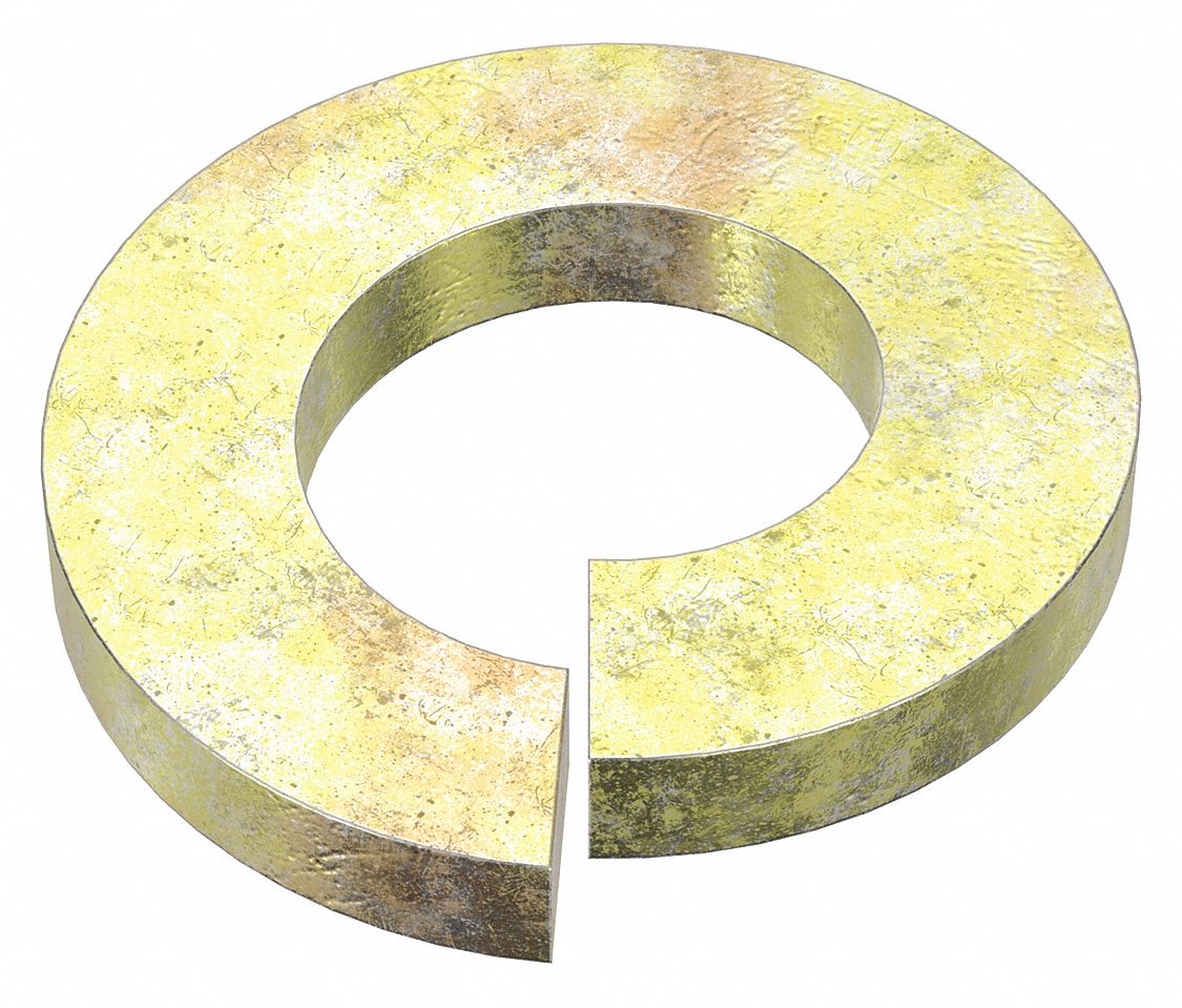 Split Lock Washer: Through Hardened, Zinc Yellow, Steel, 1/4 in Screw Sz, 1/16 in Max Thick, 100 PK
