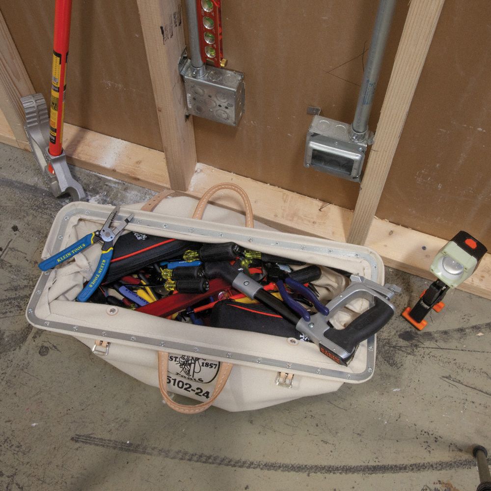 Tool Bag: 24 in W x 6 in D x 13 in H, Brown, Canvas, 1 Pockets, 1 Inside Pockets, Canvas