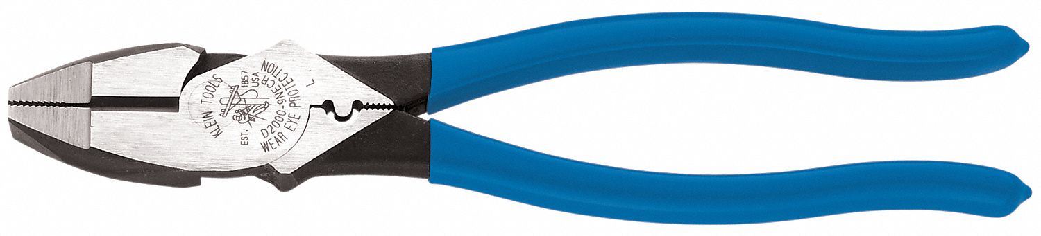 Linemans Plier: Flat, 9 3/8 in Overall Lg, 1 5/8 in Jaw Lg, 1 1/4 in Jaw Wd, 5/8 in Jaw Thick