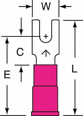 Fork Terminals: Red, Vinyl, #4 Stud Size, 22 AWG – 18 AWG Wire Range, Block Fork, 600 V