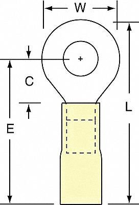 Ring Terminal: Yellow, Heat Shrink Insulation, 1/4 in Stud Size, 12 AWG to 10 AWG Wire Sizes