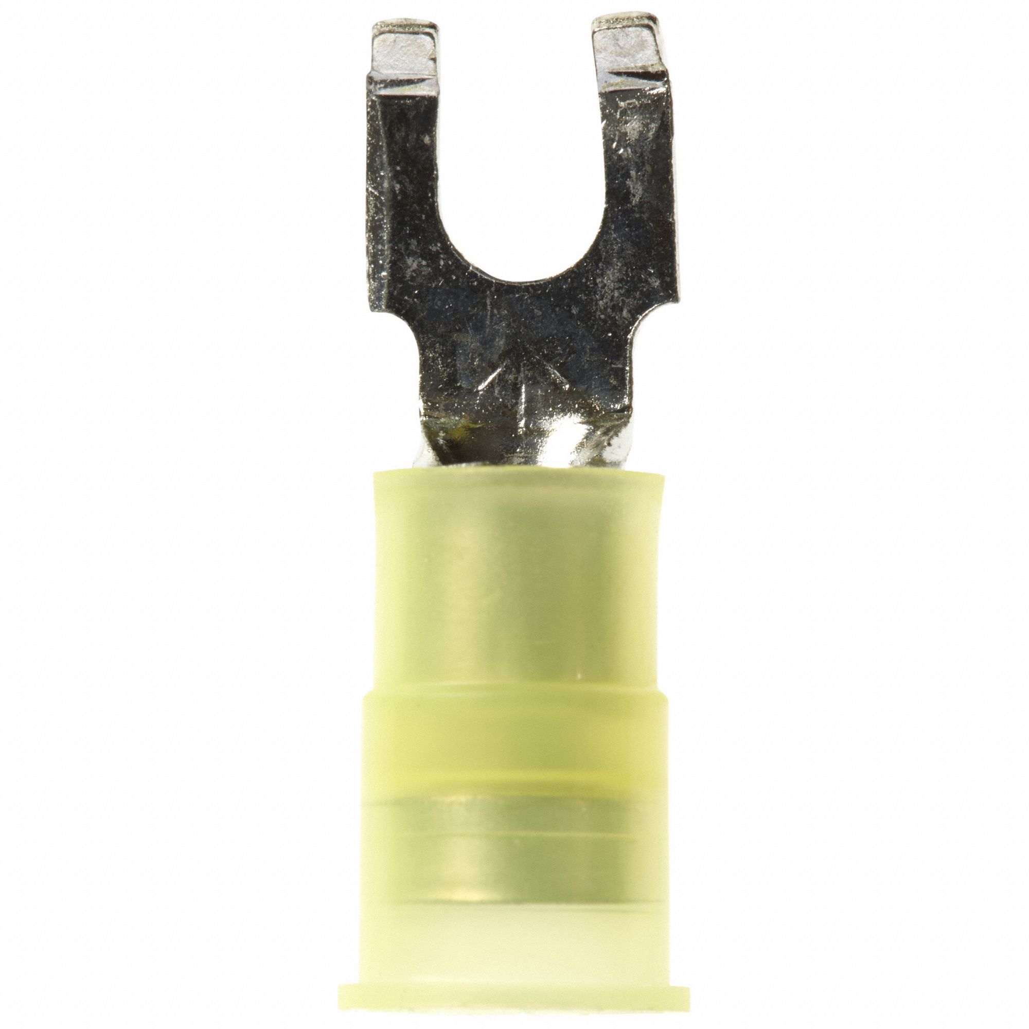 Fork Terminals: Yellow, Nylon, #8 Stud Size, 12 AWG – 10 AWG Wire Range, Block Fork, 600 V
