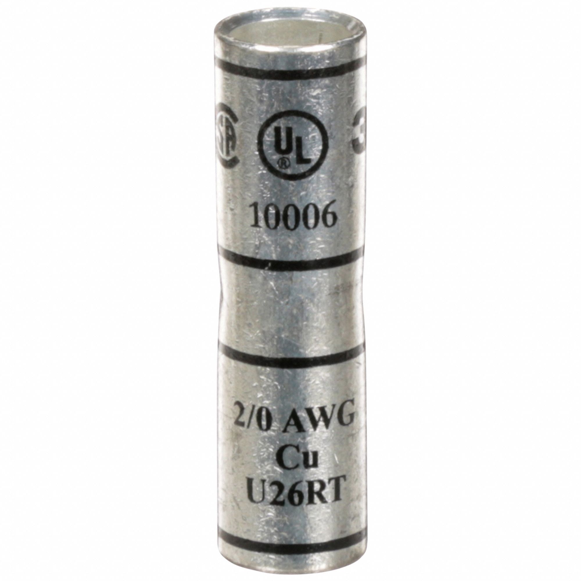Open Barrel Splices: 2/0 AWG Wire Size, Black Code, 2 in, Copper Barrel, 2/0 AWG Max Wire Size