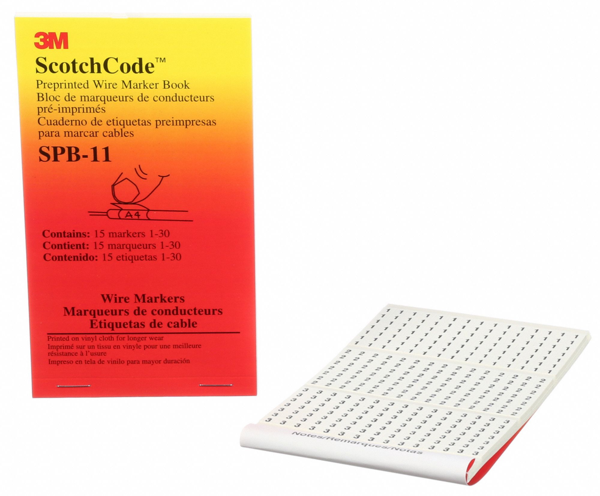 Wire Marker Book: 1/2/3, Black on White, 450 Labels, Vinyl Impregnated Cloth Film, 5 PK