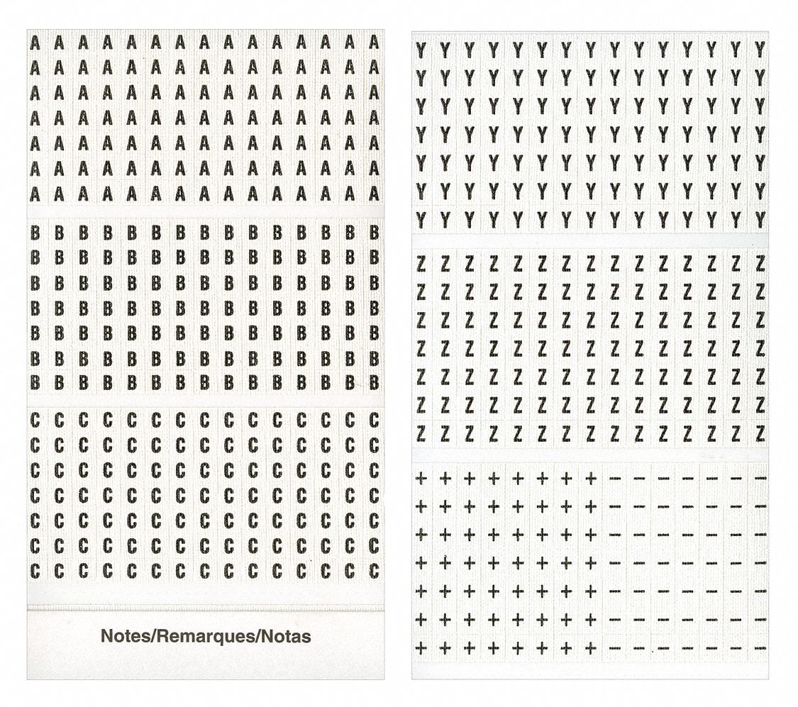 Wire Marker Book: A to Z/– (Minus)/+ (Plus), Black on White, 426 Labels, 32°F to 150°F, 5 PK