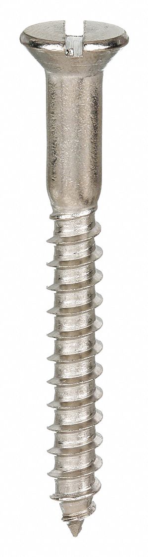 Wood Screw: #10 Size, 1 1/2 in Lg, Stainless Steel, Plain, Flat, Slotted, 100 PK