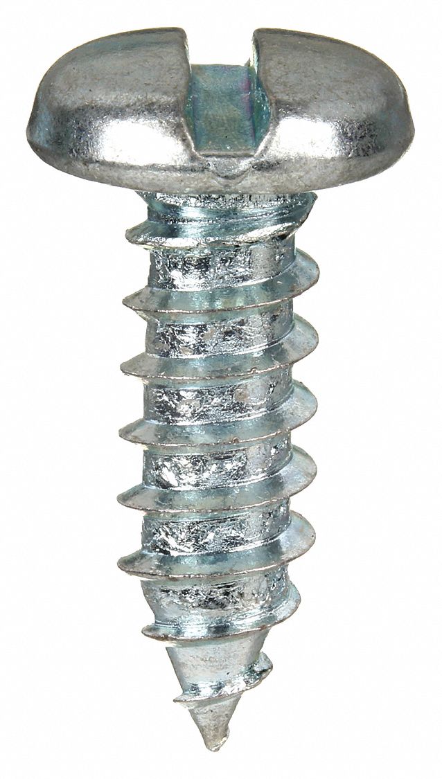 Sheet Metal Screw: #10 Size, 3/8 in Lg, Steel, Zinc-Plated, Slotted, Pan, 100 PK