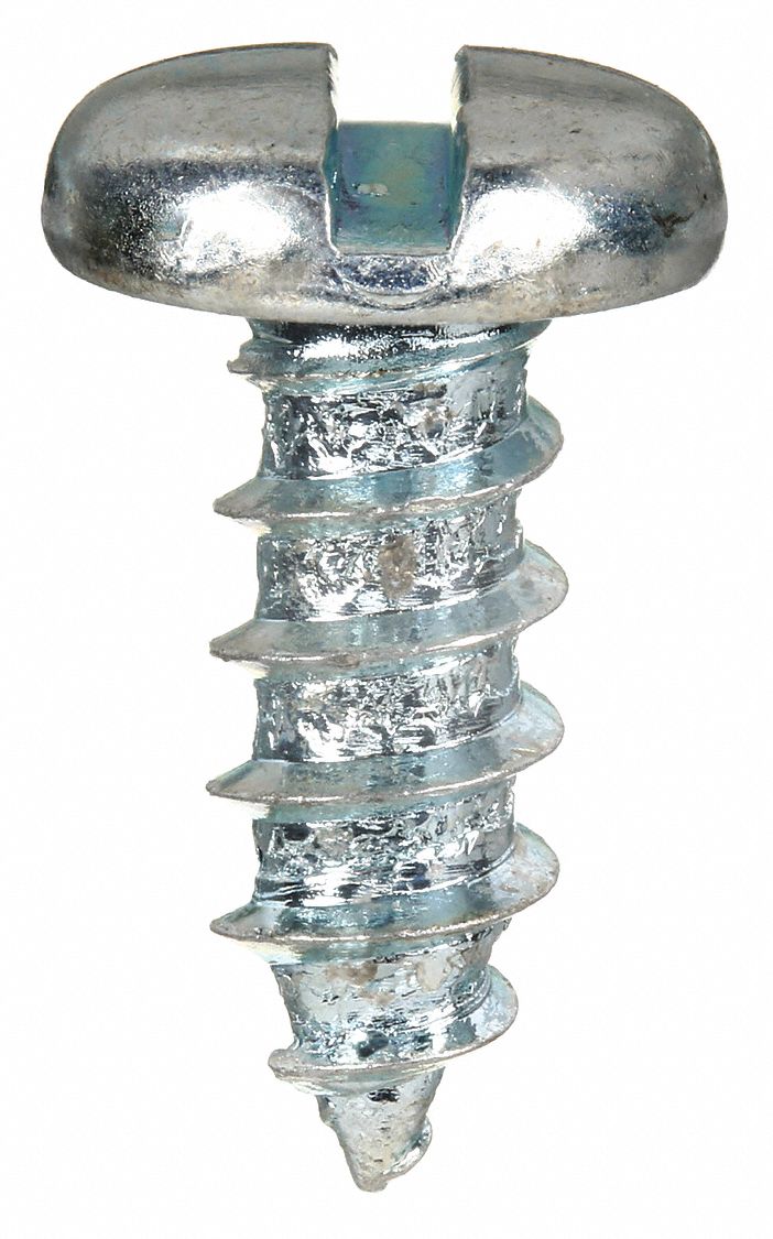 Sheet Metal Screw: #4 Size, 3/8 in Lg, Steel, Zinc-Plated, Slotted, Pan, 100 PK