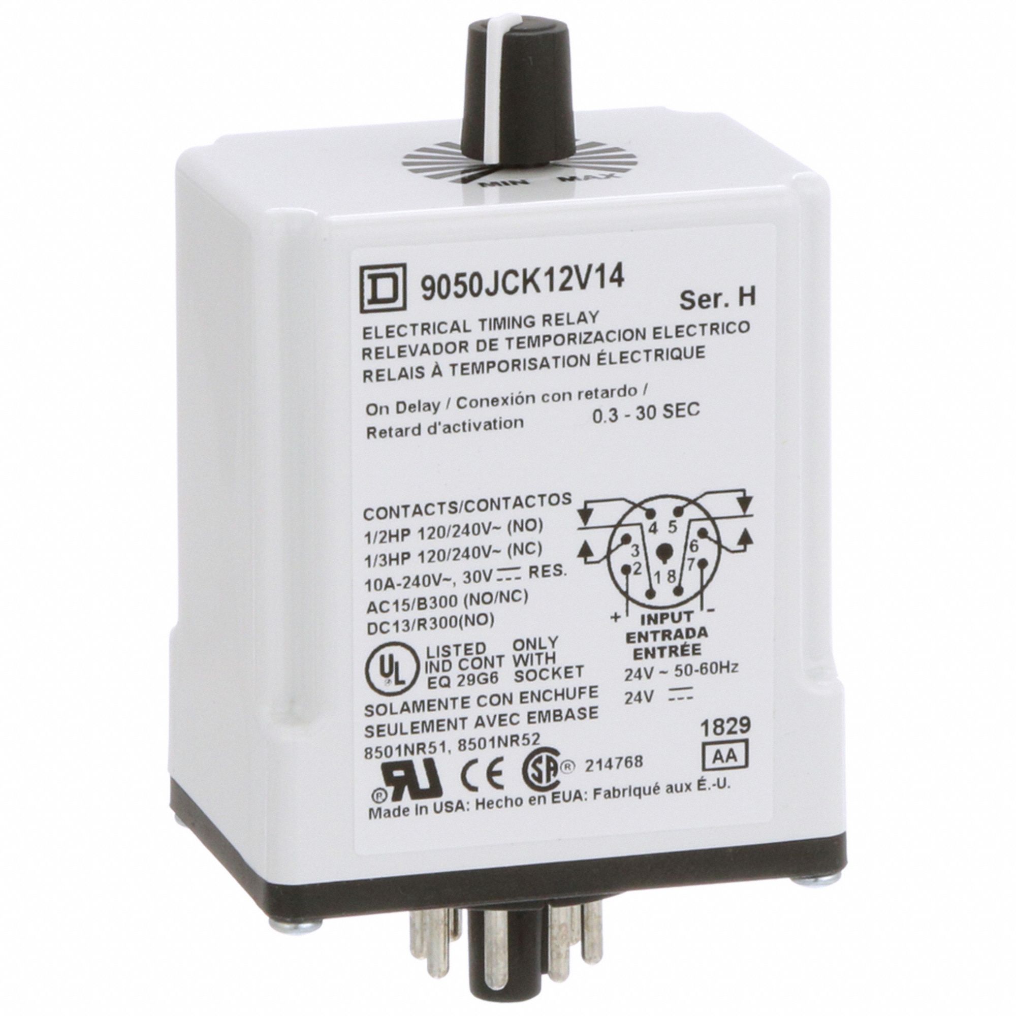 Single Function Time Delay Relay: Socket Mounted, 24V AC/DC, 10 A, 8 Pins/Terminals