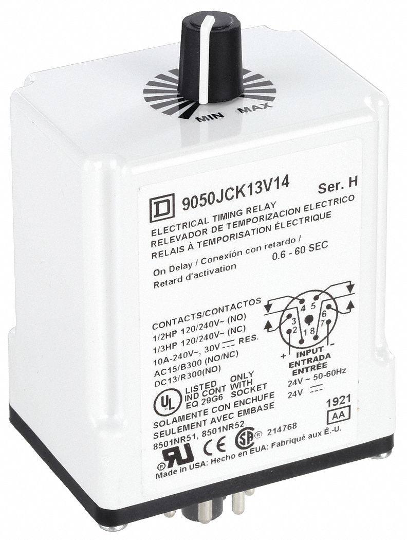 Single Function Time Delay Relay: Socket Mounted, 24V AC/DC, 10 A, 8 Pins/Terminals