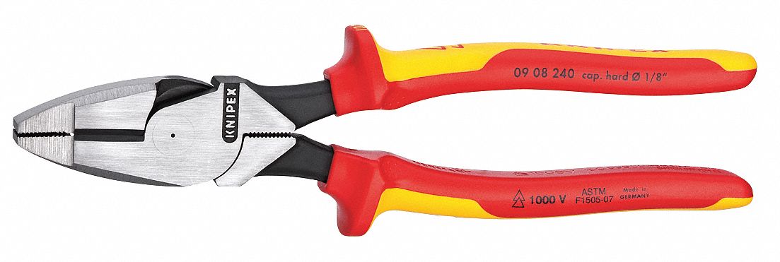 LINEMANS PLIER, INSULATED, FLAT, 9½ IN OVERALL L, 1½ IN JAW L, 1¼ IN JAW W, KNURLED GRIP