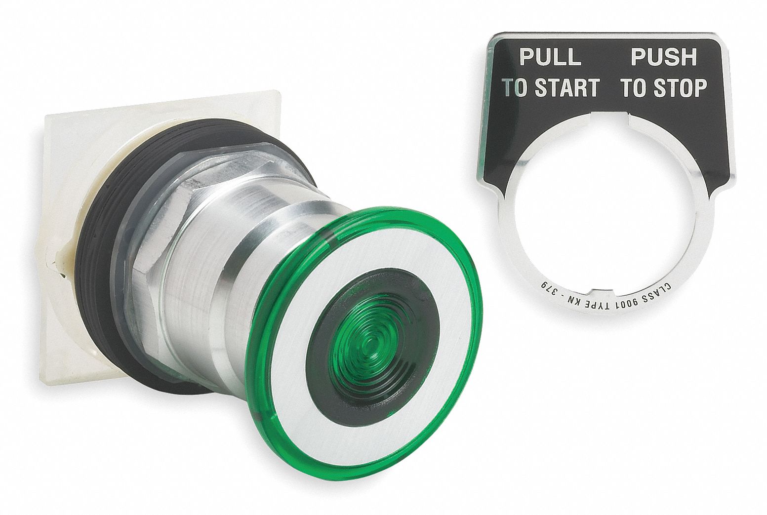 Mushroom Head Push Button: Green, 30 mm Mounting Size, Metallic, Maintained