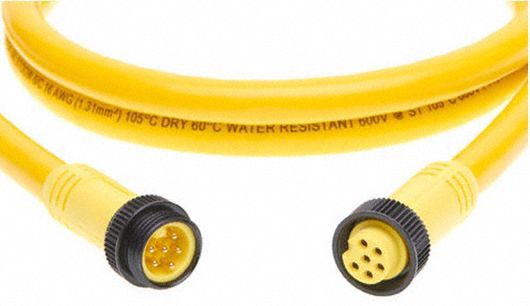 Extension Cordset: 7/8"-16 Male Straight x 7/8"-16 Female Straight, 6 Pins, Yellow, PVC