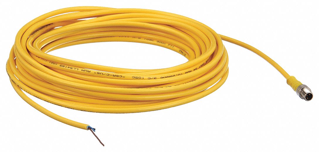 Cordset: M8 Male Straight X Bare Wire, 3 Pins, Yellow, PVC, 10 m Cable Lg, 24 AWG Wire Size