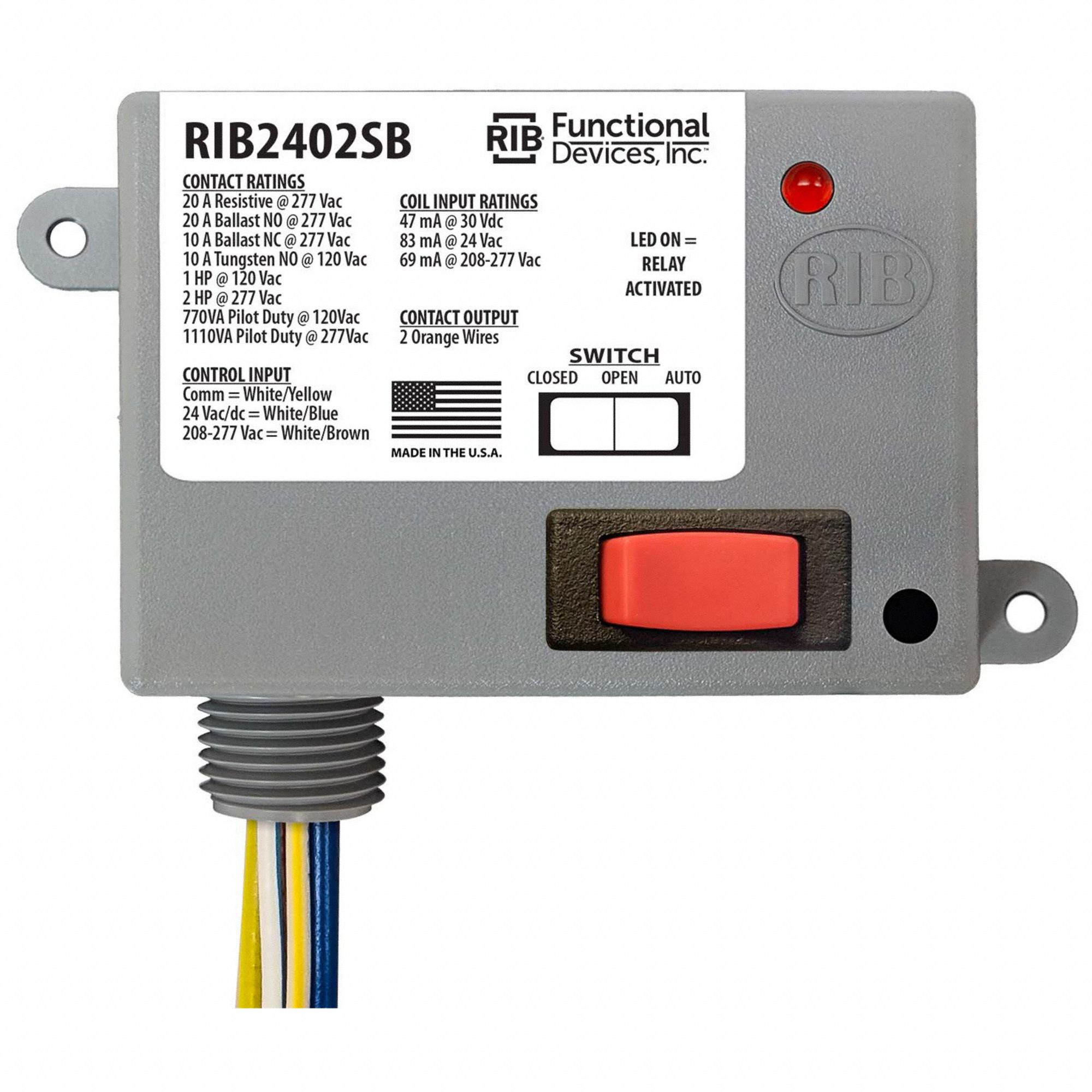 ENCLOSED PRE-WIRED RELAY, 20 A RATING, 277V AC, SPST-NO, ½ IN NPT NIPPLE