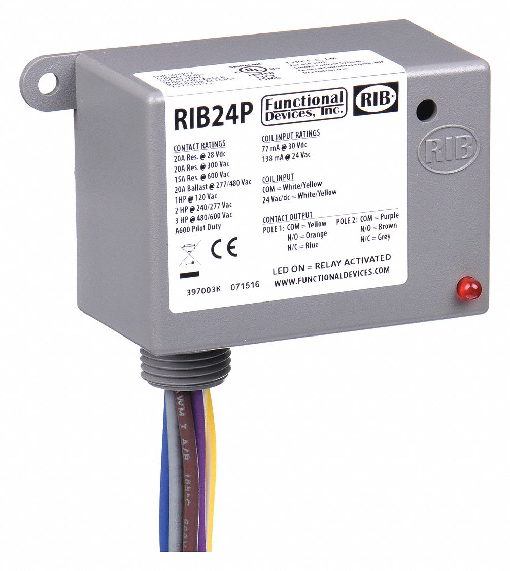 FUNCTIONAL DEVICES INC / RIB, 24V AC/DC, 20A 300V, Enclosed PreWired