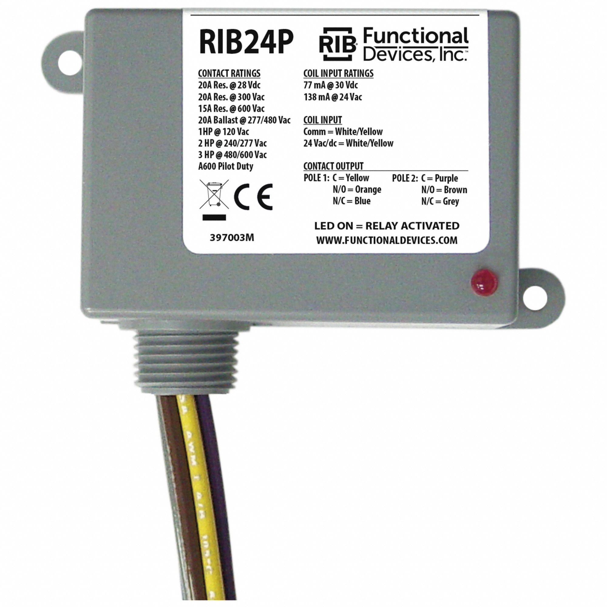 ENCLOSED PRE-WIRED RELAY, 20 A RATING, 24V AC/DC, DPDT, ½ IN NPT NIPPLE