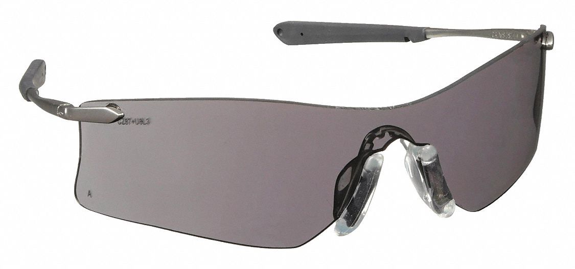 Safety Glasses: Gray Lens, Frameless, Anti-Fog, Black/Silver Frame, T4 Series