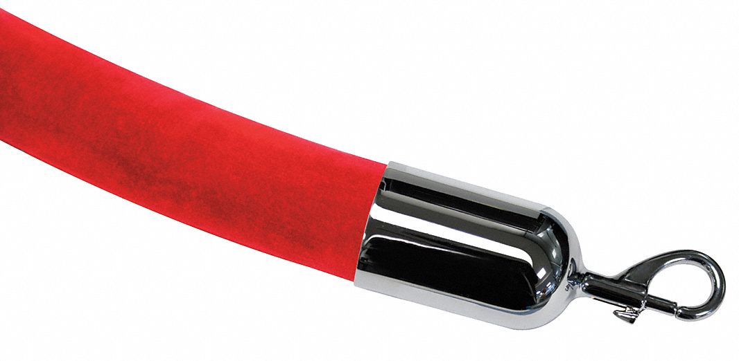 Barrier Rope: Red, 6 ft Overall Lg, Velour, Snap End
