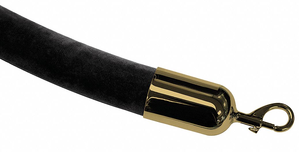 Barrier Rope: Black, 6 ft Overall Lg, Velour, Snap End