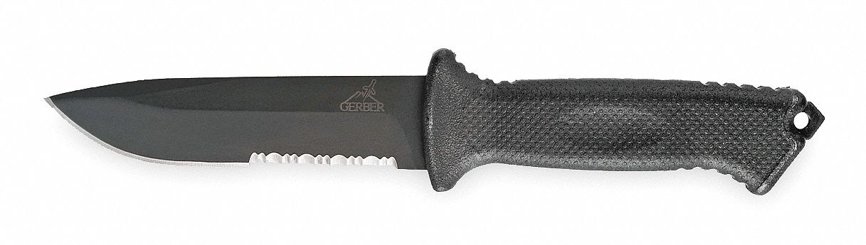 FIXED BLADE KNIFE, SERRATED, 9¾ IN OVERALL L, STAINLESS STEEL, RUBBER, 4¾ IN BLADE L