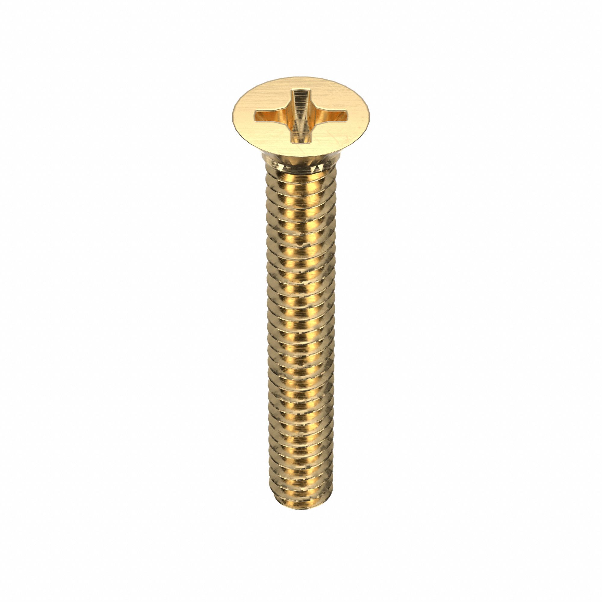 Machine Screw: #6-32 Thread Size, 1 in Lg, Brass, Plain, Flat, Phillips, Machine Screw, 100 PK