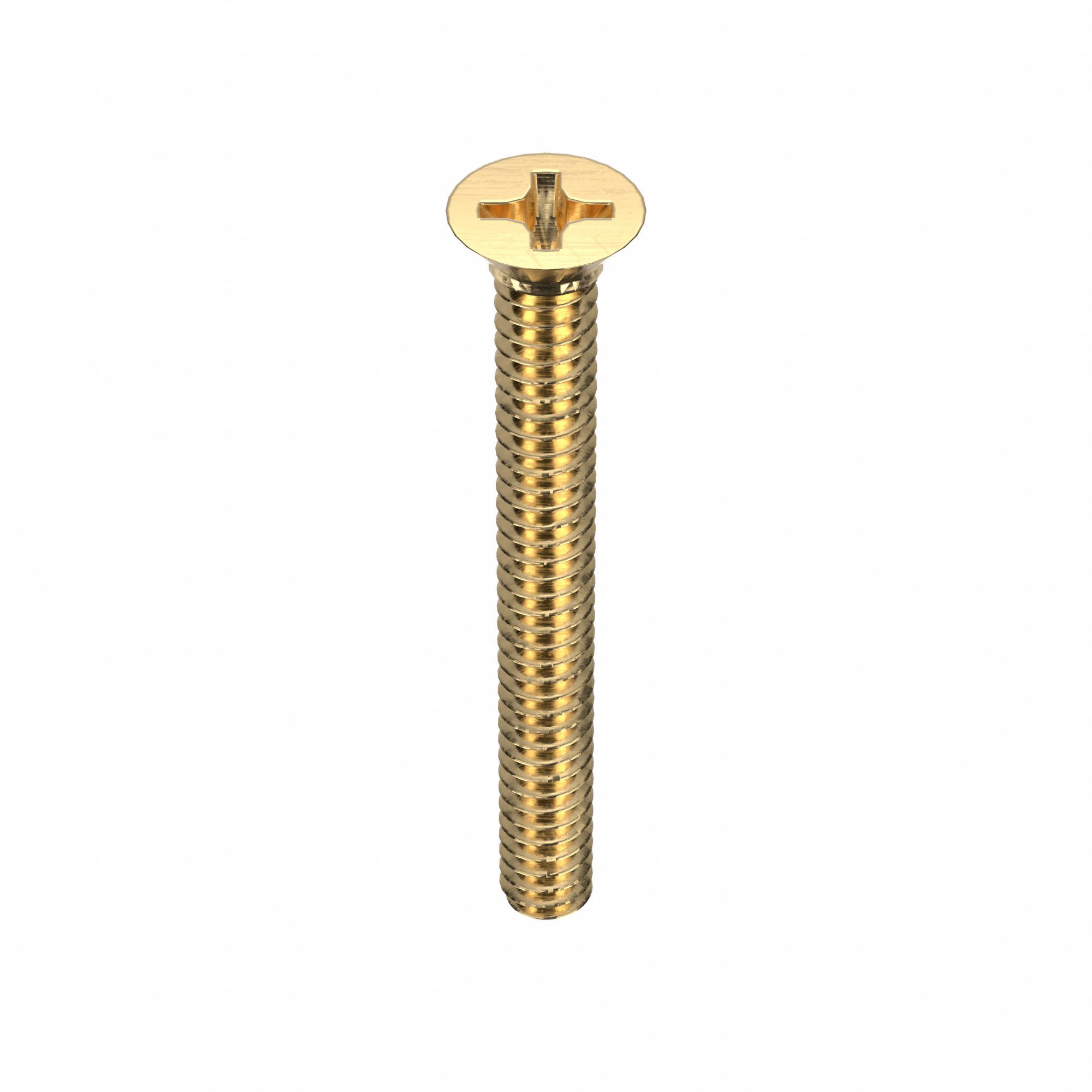 Machine Screw: #6-32 Thread Size, 1 1/4 in Lg, Brass, Plain, Flat, Phillips, Machine Screw, 100 PK