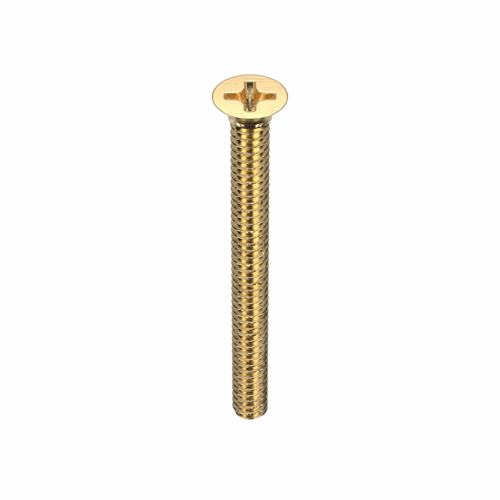 Machine Screw: #6-32 Thread Size, 1 1/2 in Lg, Brass, Plain, Flat, Phillips, Machine Screw, 100 PK