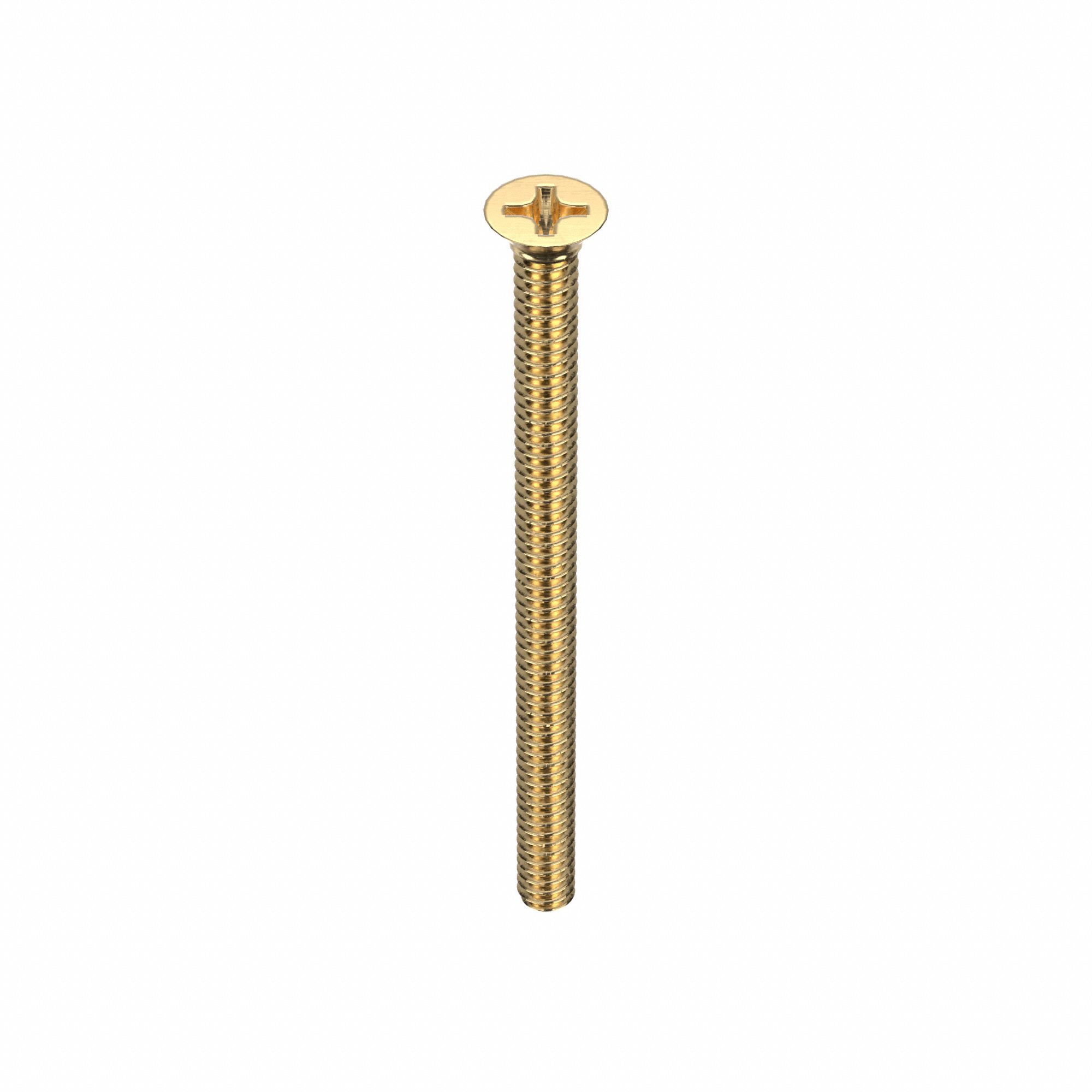 Machine Screw: #6-32 Thread Size, 2 in Lg, Brass, Plain, Flat, Phillips, Machine Screw, 100 PK
