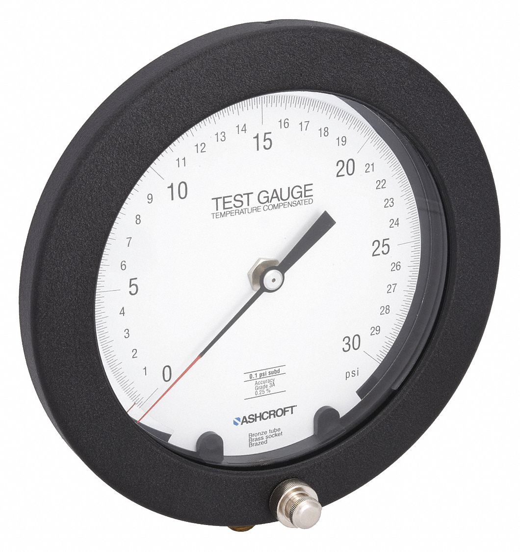 Test Pressure Gauge: Test Pressure Gauge, Grade 3A - Test, 6 in Dial, 1/4 in NPT Male, 1082