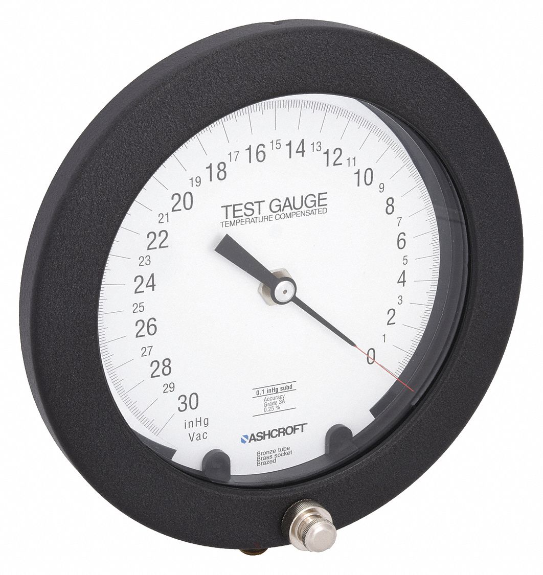 Vacuum Test Gauge: Test Pressure Gauge, Grade 3A - Test, 6 in Dial, 1/4 in NPT Male, Bottom