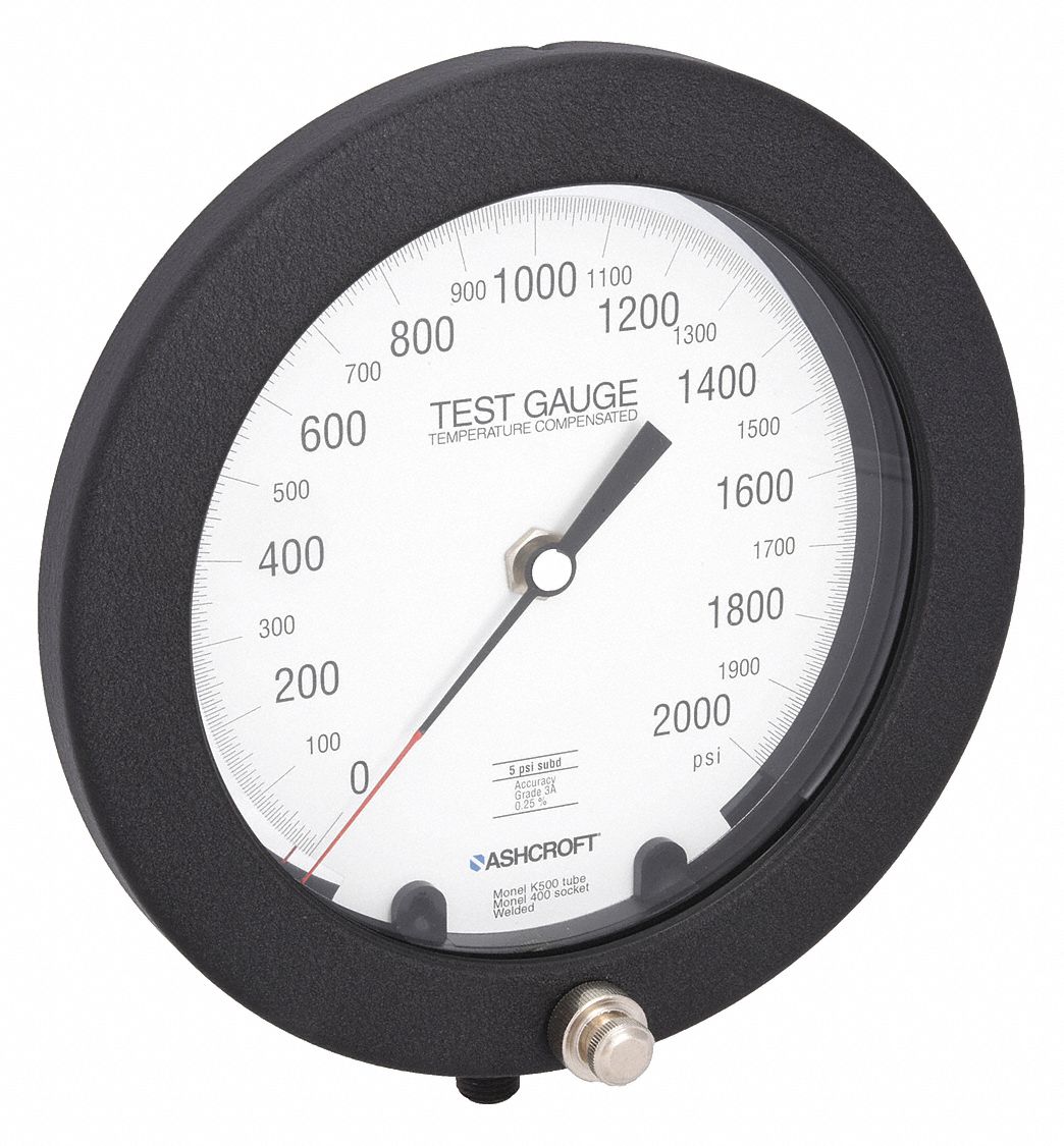 Test Pressure Gauge: Test Pressure Gauge, Grade 3A - Test, 6 in Dial, 1/4 in NPT Male, 1082