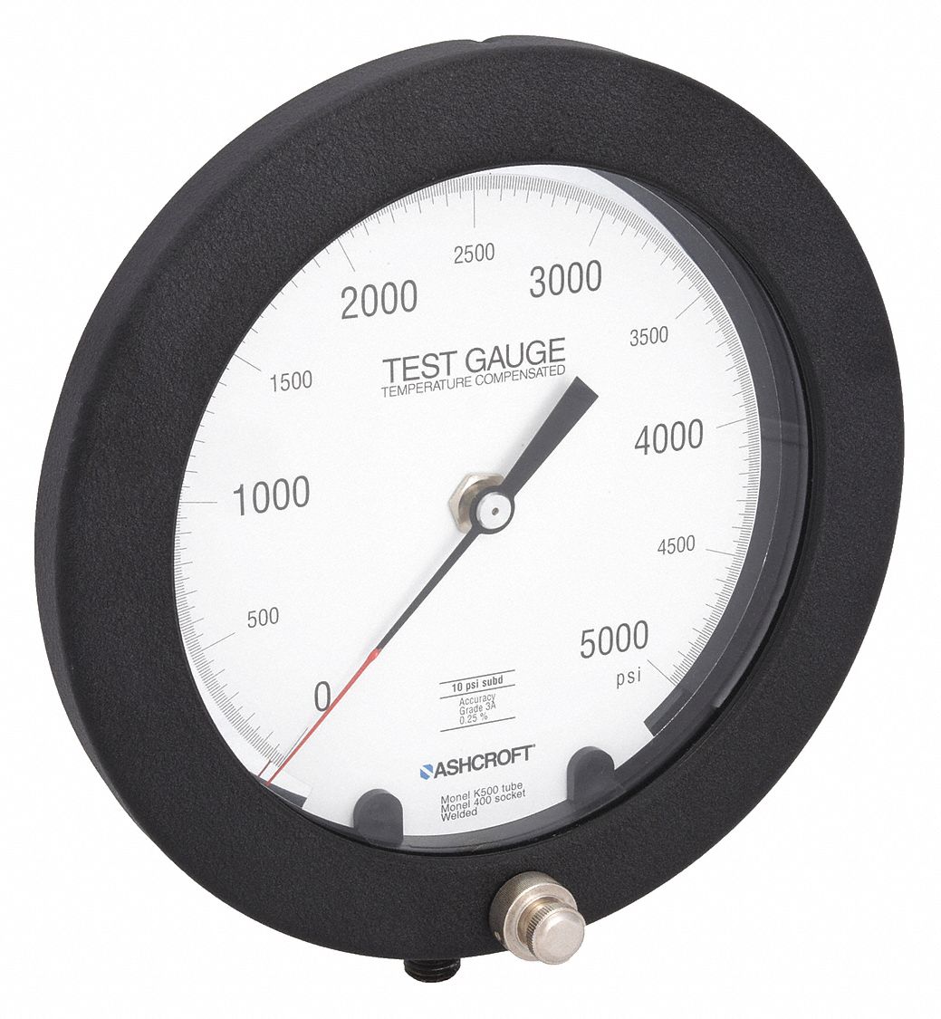 Test Pressure Gauge: Test Pressure Gauge, Grade 3A - Test, 6 in Dial, 1/4 in NPT Male, 1082