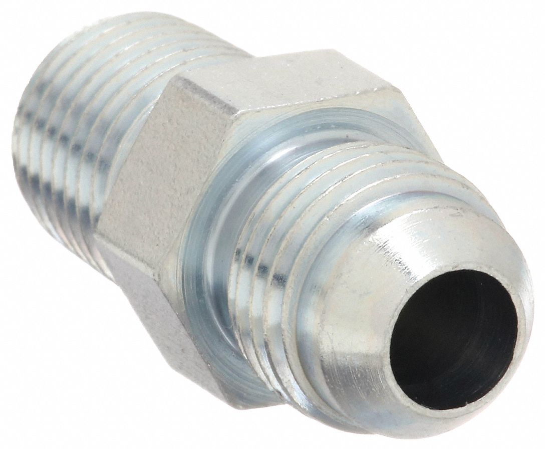 Hydraulic Hose Adapter: 1/4 in x 1/2 in Fitting Size, Male x Male, NPTF x JIC, Rigid, Straight