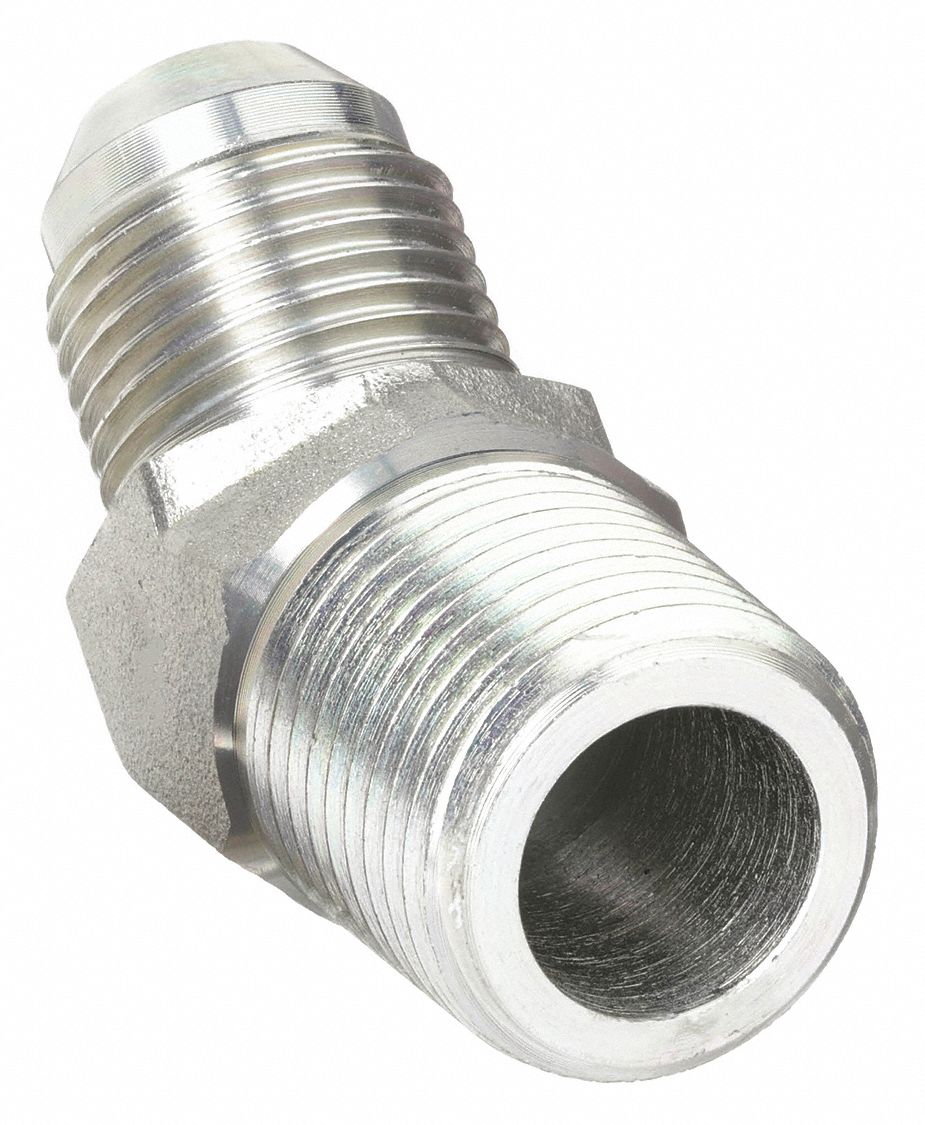 Hydraulic Hose Adapter: 1/2 in x 1/2 in Fitting Size, Male x Male, NPTF x JIC, Rigid, 45° Elbow