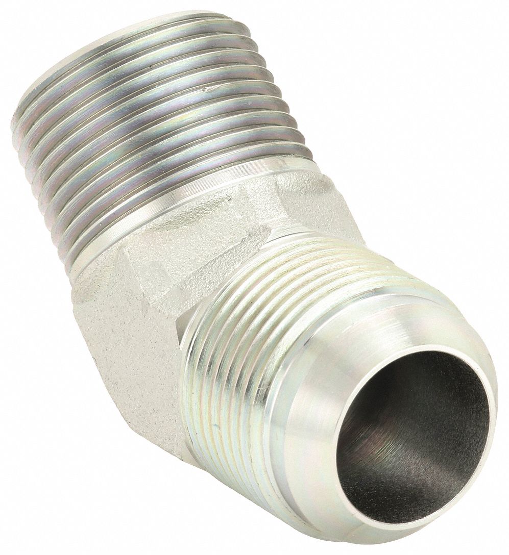 Hydraulic Hose Adapter: 3/4 in x 3/4 in Fitting Size, Male x Male, NPTF x JIC, Rigid, 45° Elbow