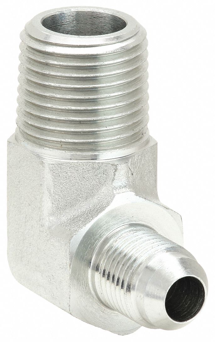 Hydraulic Hose Adapter: 1/2 in x 3/8 in Fitting Size, Male x Male, NPTF x JIC, Rigid, 90° Elbow