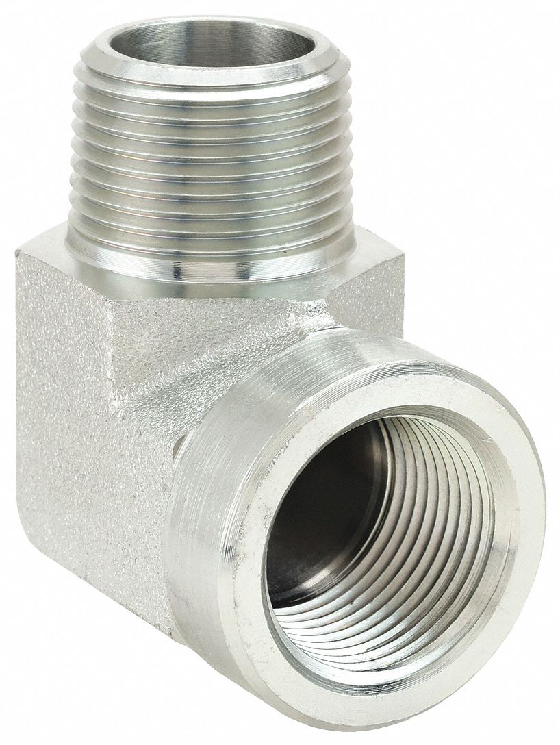 Hydraulic Hose Adapter: 3/4 in x 3/4 in Fitting Size, Female x Male, NPTF x NPTF, Rigid, 90° Elbow