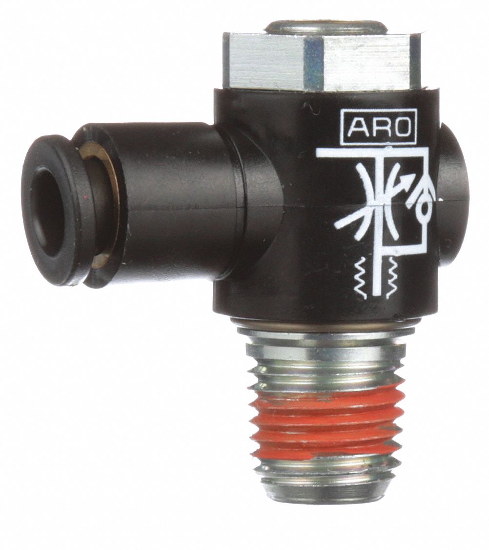 Cylinder Port Flow Control Valve: Elbow Fitting, Screwdriver Slot/Thumb Screw, 1/8 in Tube