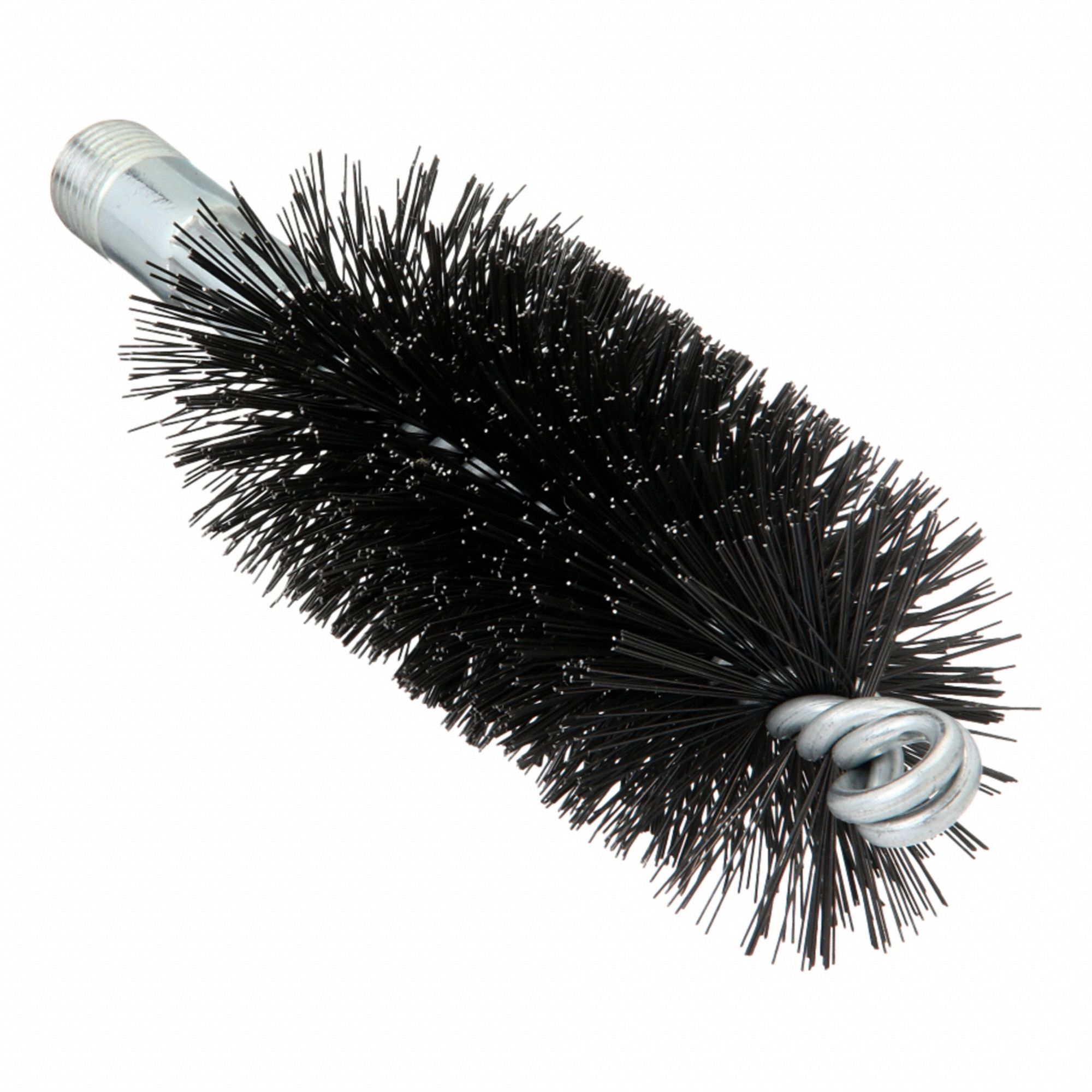 Flue Brush: 1/4"-28 Male, 1 3/4 in Overall Dia, 4 1/2 in Brush Lg, Double Spiral, Double Stem, Steel