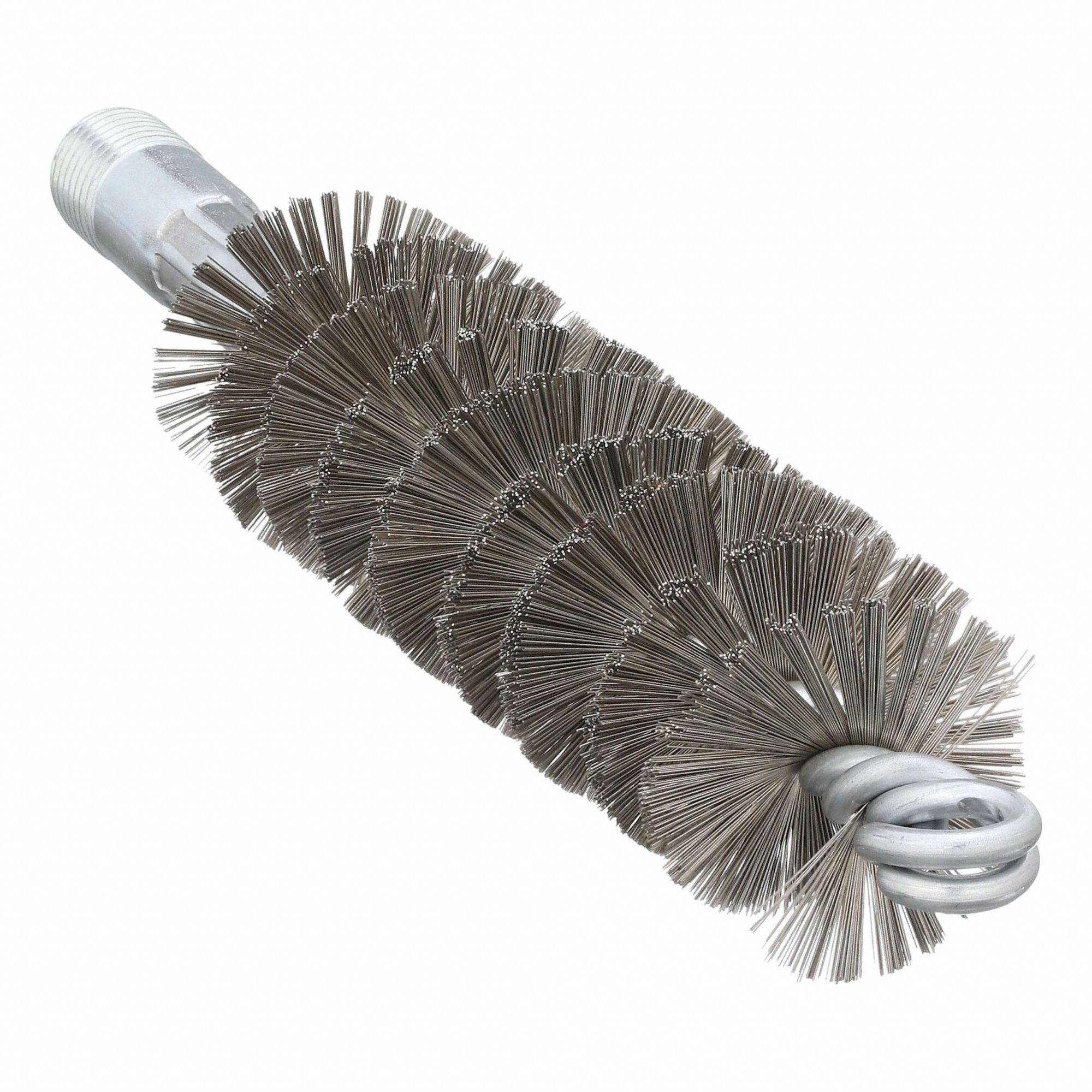 Flue Brush: 1/4"-28 Male, 1 1/4 in Overall Dia, 4 1/2 in Brush Lg, Single Spiral, Double Stem