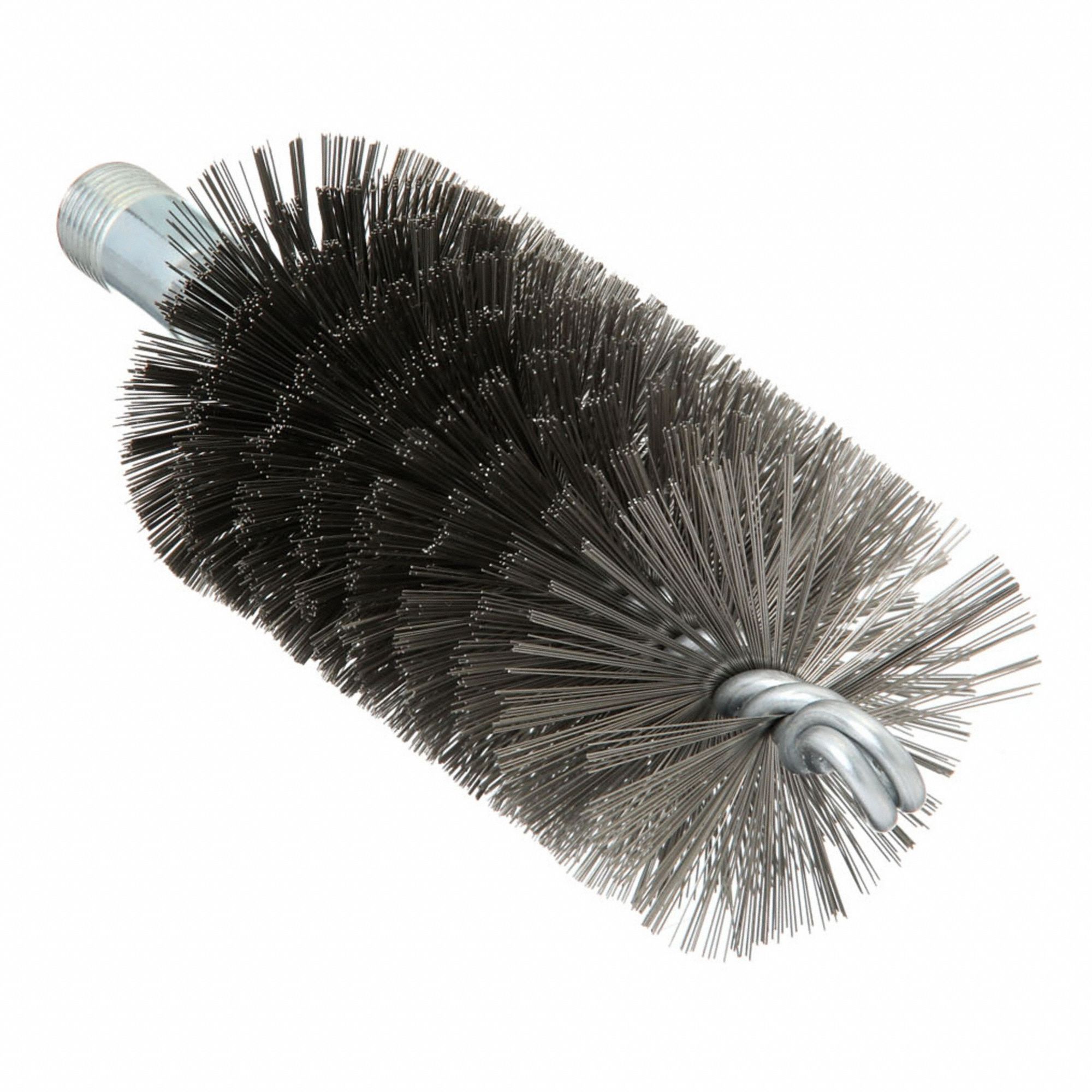 Flue Brush: 1/4"-28 Male, 2 in Overall Dia, 4 1/2 in Brush Lg, Single Spiral, Double Stem
