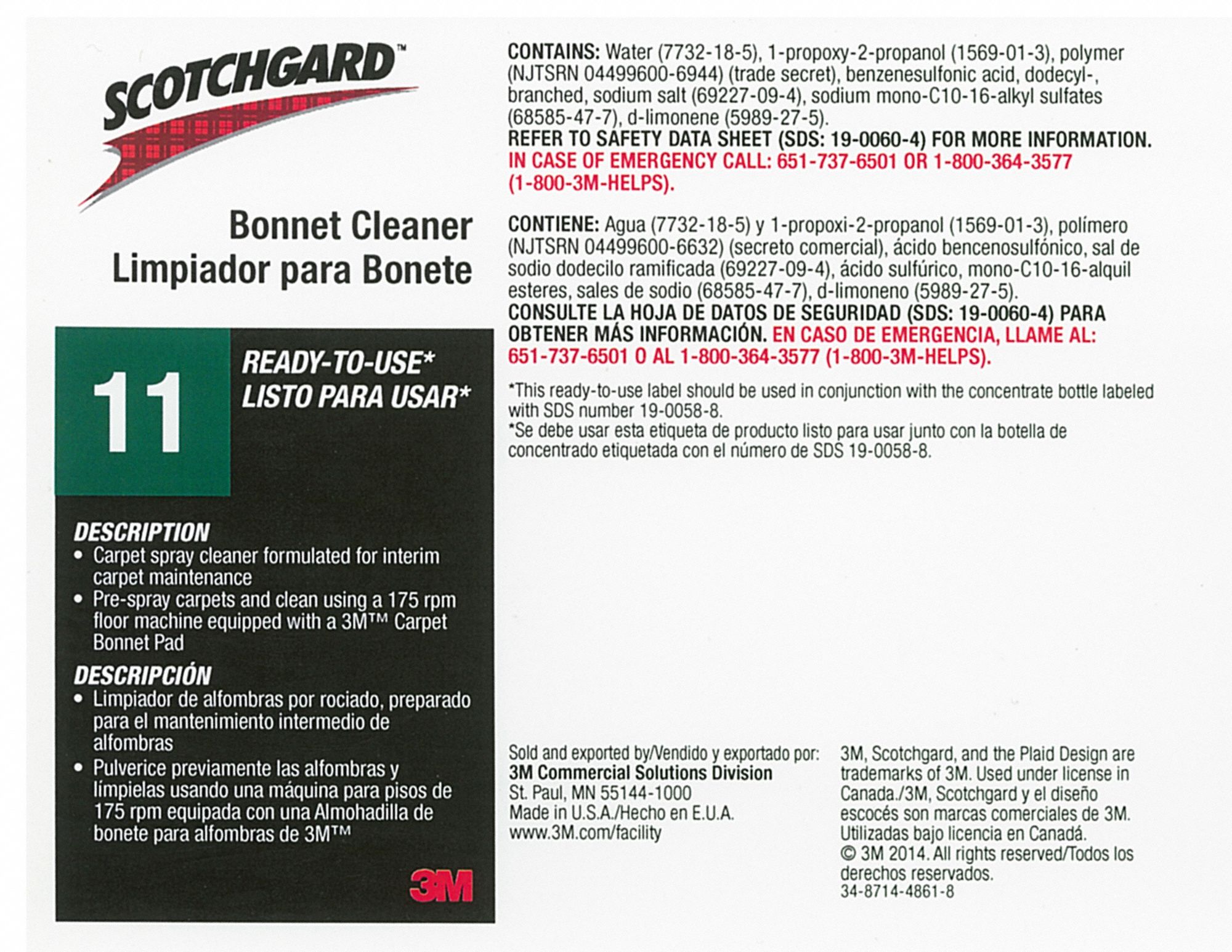 Secondary Bottle Label: 11 in Ht, 8 1/2 in Wd, Scotchgard Bonnet Cleaner 11, 12 PK